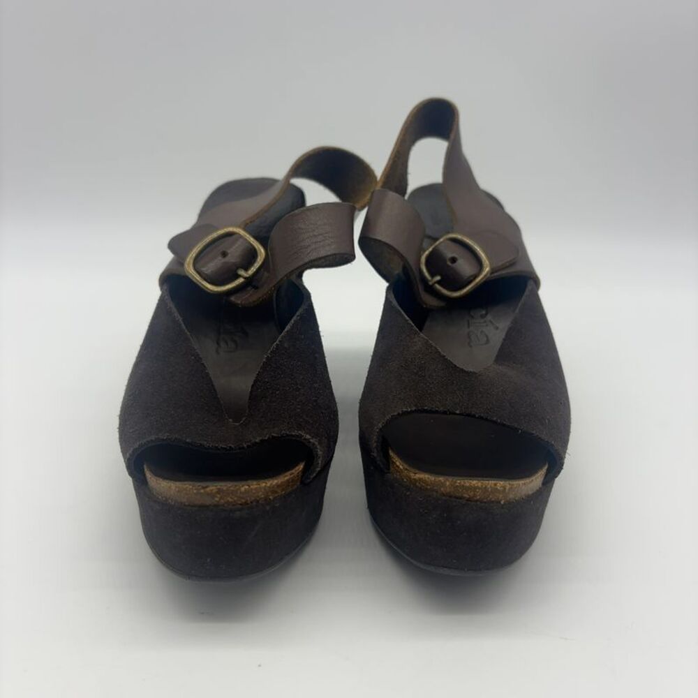 Pedro Garcia Brown Suede Wedge Sandals with Brass Buckles